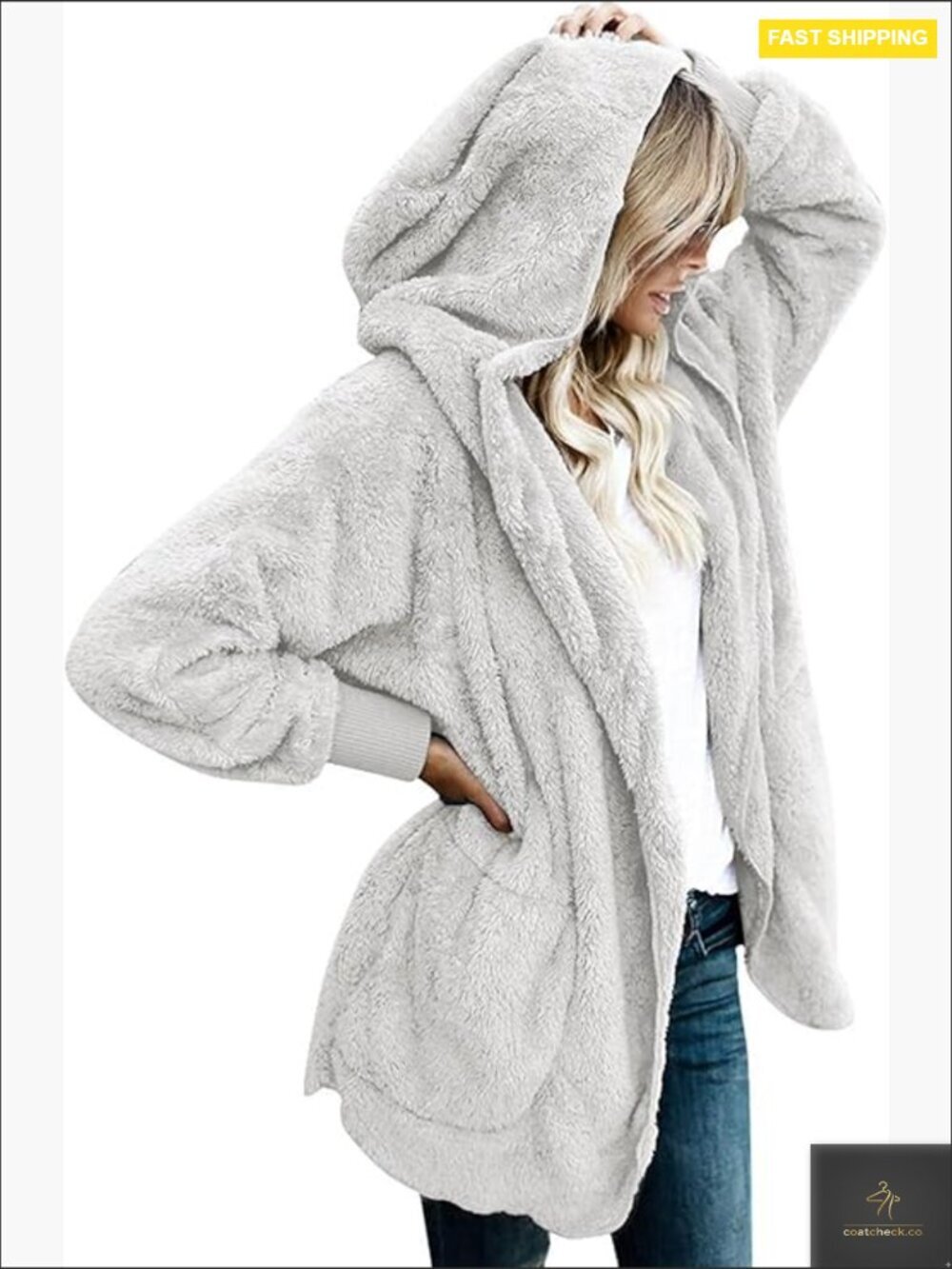 Oversized Fuzzy Sherpa Hooded Cardigan Open Front Duster Coat Cozy Chic